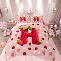 Feelyou Girls Strawberry Bedding Set Soft for Boys Girls, Pink Strawberry Comforter Set Toddler Size Initial Letter H Duvet Quilt Microfiber Bedroom Decor 2 Pcs with 1 Pillow Cases