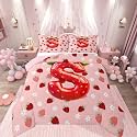 Feelyou Girls Strawberry Kids Comforter Set Queen Size Pink Strawberry Bedding Set Initial Letter S Duvet Quilt for Kids Boys Girls Bedroom Decor Microfiber Ultra Soft Breathable
