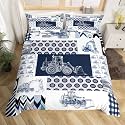 Feelyou Kids Construction Bedding Set King Size Equipment Trucks Duvet Cover for Boys Cartoon Car Excavator Tractor Comforter Cover Set Construction Vehicles Plaid Grid Blue and White Bedspread Cover