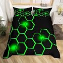 Feelyou Kids Honeycomb Bedding Set Ice Sports Games Duvet Cover for Boys Children Teens Bedroom Decor Geometrical Comforter Cover Set Beehive Geometric Black Green King Size with 2 Pillow Case