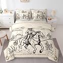 Feelyou Skeleton Cowboy Comforter Set with Sheets 7 Piece Queen Western Desert Rider Bedding Set for Kids Boys Girls Vintage Line Art Bed in a Bag Wild West Style Room Decor Cactus Soft Lightweight