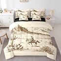 Feelyou Vintage Cowboy Rider Queen Comforter Set with Sheets for Kids Boys Girls Desert Western 7 Pieces Bedding Set Cactus Desert Bed in a Bag Ranch Western Theme Room Decor Soft Lightweight