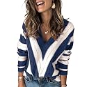 FEKOAFE V Neck Sweater Striped Long Sleeve Knit Pullover Sweaters for Women