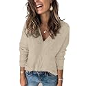 FEKOAFE V Neck Sweater Striped Long Sleeve Knit Pullover Sweaters for Women