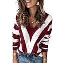 FEKOAFE V Neck Sweater Striped Long Sleeve Knit Pullover Sweaters for Women