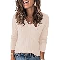 FEKOAFE V Neck Sweater Striped Long Sleeve Knit Pullover Sweaters for Women