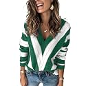 FEKOAFE V Neck Sweater Striped Long Sleeve Knit Pullover Sweaters for Women