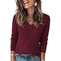 FEKOAFE V Neck Sweater Striped Long Sleeve Knit Pullover Sweaters for Women