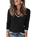FEKOAFE V Neck Sweater Striped Long Sleeve Knit Pullover Sweaters for Women