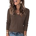 FEKOAFE V Neck Sweater Striped Long Sleeve Knit Pullover Sweaters for Women