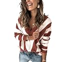 FEKOAFE V Neck Sweater Striped Long Sleeve Knit Pullover Sweaters for Women