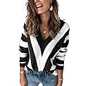 FEKOAFE V Neck Sweater Striped Long Sleeve Knit Pullover Sweaters for Women