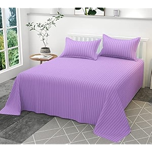 300tc glace cotton plain stripe queen size single bedsheet with 1 pillow cover for home hotel guest room 60x90 inch light purple