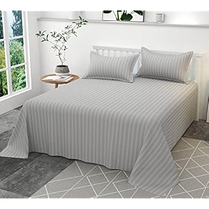 300tc glace cotton plain stripe queen size double bedsheet with 2 pillow cover for home hotel guest room 90 x 100 inch