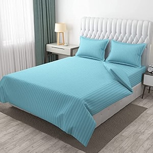 300tc glace cotton plain stripe queen size double bedsheet with 2 pillow cover for home hotel guest room 90 x 100 inch