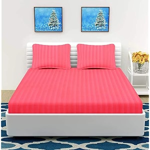 300tc glace cotton plain stripe queen size double bedsheet with 2 pillow cover for home hotel guest room 90 x 100 inch