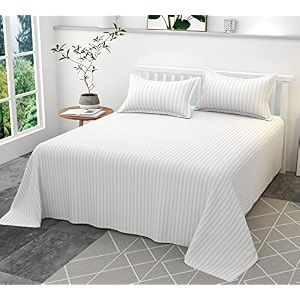 300tc glace cotton plain stripe queen size double bedsheet with 2 pillow cover for home hotel guest room 90 x 100 inch