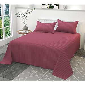 300tc glace cotton plain stripe queen size double bedsheet with 2 pillow cover for home hotel guest room 90 x 100 inch