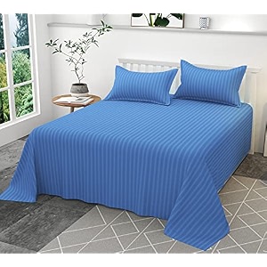 300tc glace cotton plain stripe queen size double bedsheet with 2 pillow cover for home hotel guest room 90 x 100 inch