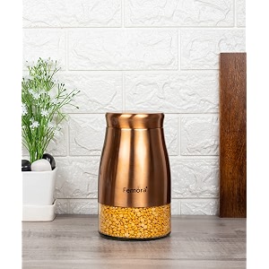femora copper metallic clear glass jars  see through bottom jar  1 year warranty  airtght  jars for snacks fry food masala spice pickles cookies 1285 ml  set of 1  copper