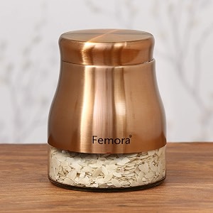 femora copper metallic clear glass jars  see through bottom jar  1 year warranty  airtght  jars for snacks fry food masala spice pickles cookies 900 ml  set of 1  copper