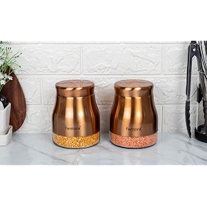 femora copper metallic clear glass jars  see through bottom jar  1 year warranty  airtght  jars for snacks fry food masala spice pickles cookies 900 ml  set of 2  copper
