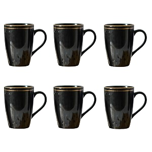 femora gold series ceramic coffee mug - set of 6 360ml multi - color tea cups stackable chip resistant large serving coffee cup ideal coffee mug for gift - black
