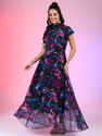 Femvy Solid Georgette Stitched Flared/A-line Gown (Black)