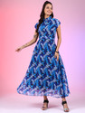 Femvy Solid Georgette Stitched Flared/A-line Gown (Blue)