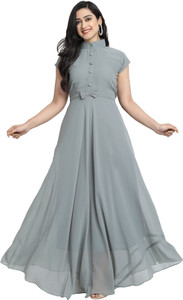 femvy solid georgette stitched flareda-line gown grey