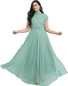 femvy solid georgette stitched flareda-line gown light green