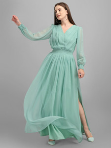 femvy dyed georgette stitched flareda-line gown light green