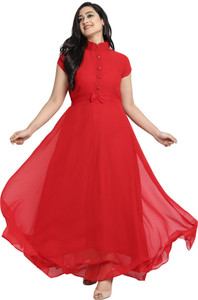 femvy solid georgette stitched flareda-line gown maroon