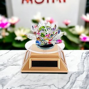 saudeep india feng shui crystal lotus flower vastu item  transparent glass kamal flower for positive energy home decor lotus with solar powered 360 rotating display stand