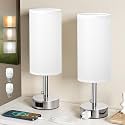 Silver Bedside Table Lamps Set of 2 - Bedroom Lamp for Desk, AC Outlet