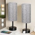 Grey Bedside Table Lamps Set of 2 - Bedroom Lamp for Desk, AC Outlet