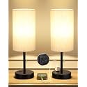 17.4" Cream Bedside Table Lamps Set of 2 - Bedroom Lamp, USB C+A, AC Outlet