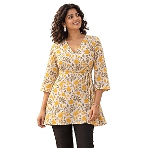 feranoid Floral Print Angrakha 3 Sleeves Flared