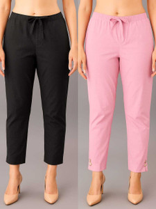FERIHA Slim Fit Women Pink Black Trousers