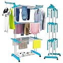 FERIO Compact Clothes Dryer Stand Stainless Steel Drying Racks for Balcony with Wheels 1 Tier Foldable Clothes Drying Stand for Home Clothes Drying (Blue)