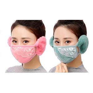 girl39s and boys39 warm winter face mask with plush ear muff_pack of 02light pinkgreen