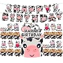 Festiko® 14 Pcs Cow Theme Happy Birthday Combo (Banner, Cake &amp; Cupcake Toppers), Cow Theme Birthday Decoration, Cow Theme Party Supplies