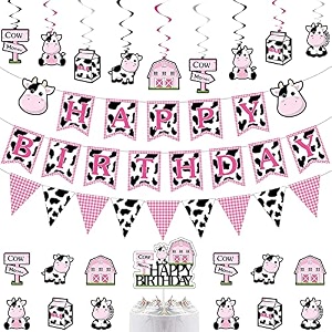 festiko27 pcs pink holy cow happy birthday banner pink animal birthday party supplies baby pink cow pennant banner cow hanging swirls cake topper for cow farm baby party supplies
