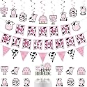 Festiko®27 Pcs Pink Holy Cow Happy Birthday Banner Pink Animal Birthday Party Supplies Baby Pink Cow Pennant Banner Cow Hanging Swirls Cake Topper for Cow Farm Baby Party Supplies