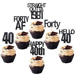 festiko30 pcs black glitter 40th birthday cupcake toppers 40 forty hello 40 straight outta 1981 happy 40th forty af cupcake picks for anniversary party birthday party wedding decorations supplies