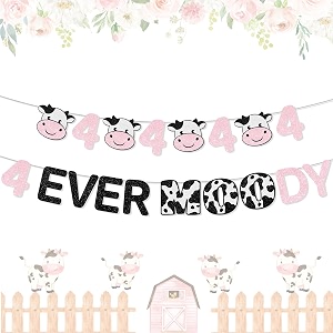 festiko 4 ever moody banner cow theme 4th birthday decoration party supplies