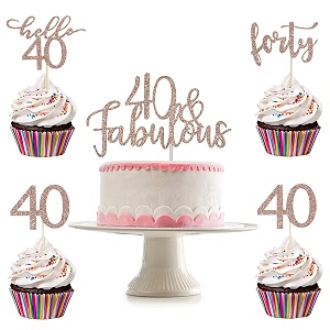 festiko40 and fabulous cake topper and 24pcs forty 40 hello 40 cupcake toppers- rose gold glitter 40th birthday cake topper rose gold cupcake toppers 40 40th birthday decorations for women