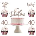 Festiko®40 and Fabulous Cake Topper and 24Pcs Forty 40 Hello 40 Cupcake Toppers- Rose Gold Glitter, 40th Birthday Cake Topper, Rose Gold Cupcake Toppers 40, 40th Birthday Decorations for Women