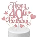 Festiko®40th Birthday Cake Decorations Set Include Rose Gold Happy 40th Cake Toppers with Glitter Heart and Star Cupcake Picks for Women Girls Birthday Party Favors Supplies
