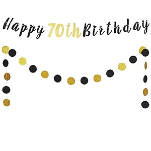 festiko70th birthday decoration set - happy 70th birthday banner with black amp gold glitter circle dots cheers to seventy years old birthday party decorations